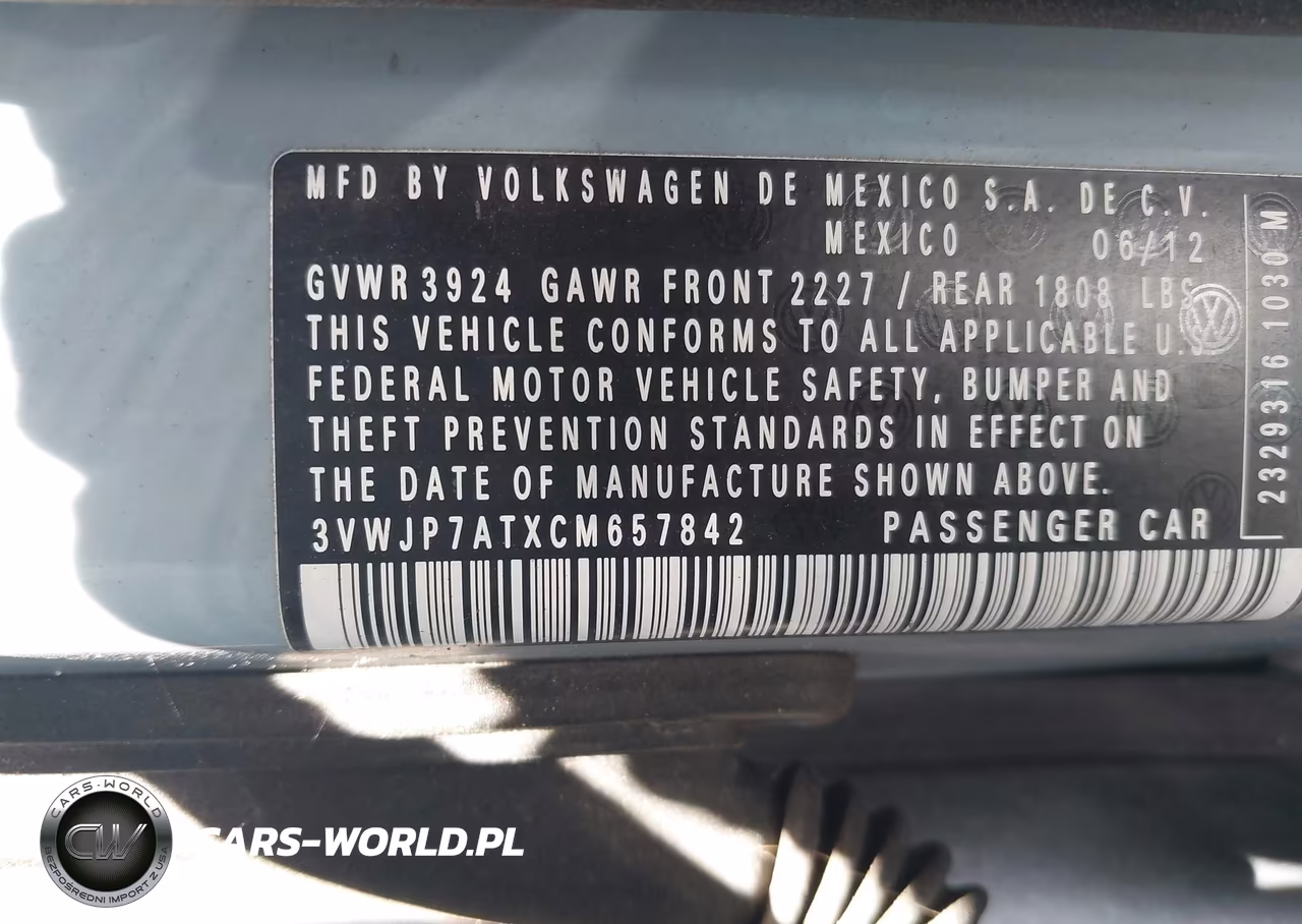 2012 Volkswagen Beetle 2.5L VIN:3VWJP7ATXCM657842 - 9