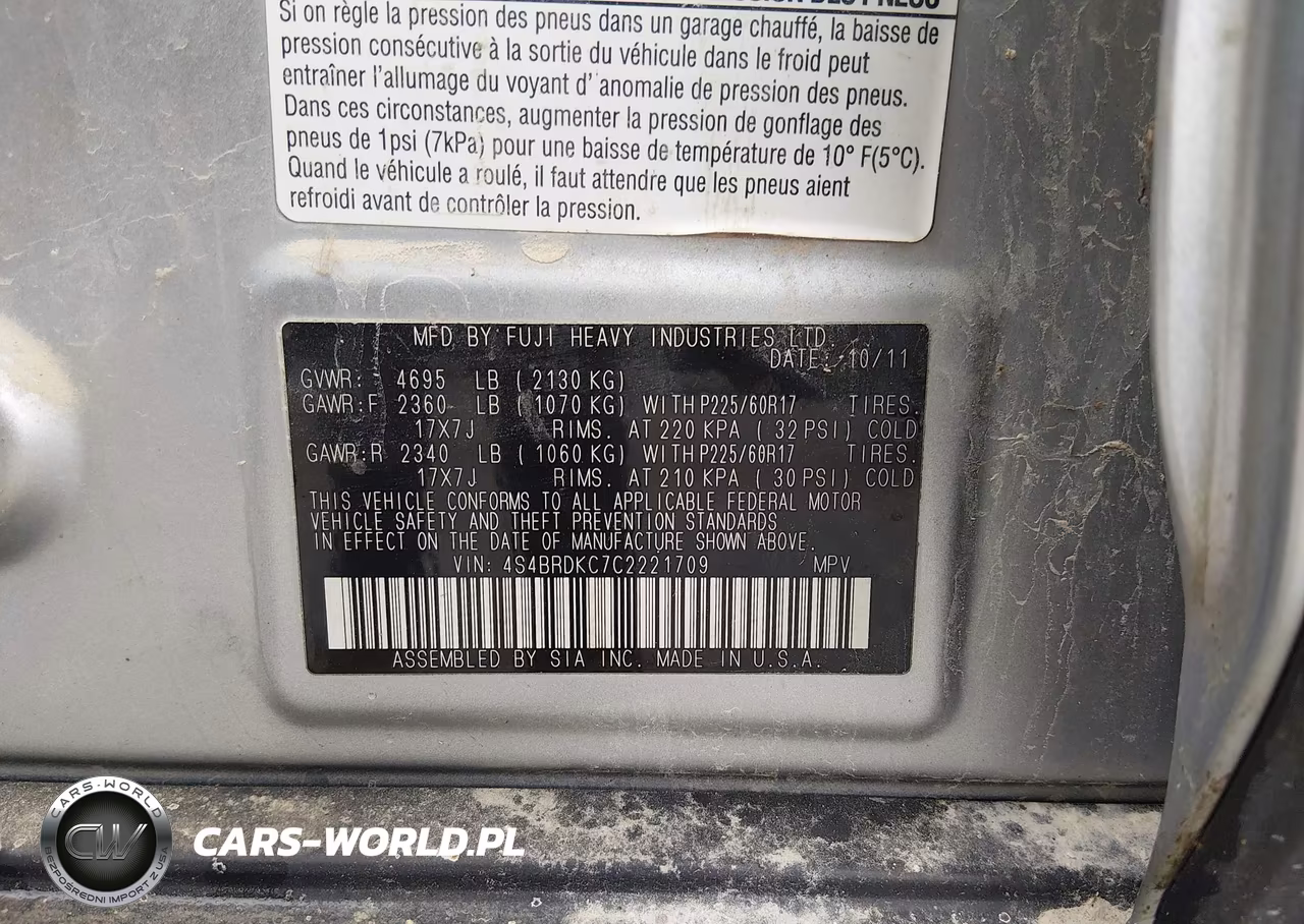 2012 Subaru Outback 3.6R Limited VIN:4S4BRDKC7C2221709 - 9