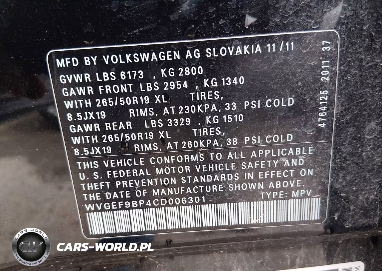 2012 Volkswagen Touareg Vr6 Lux VIN:WVGEF9BP4CD006301 - 9