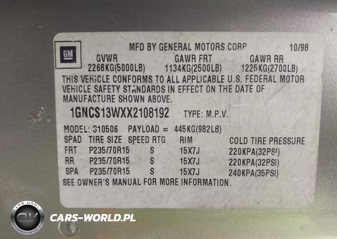 1999 Chevrolet Blazer Lt VIN:1GNCS13WXX2108192 - 9
