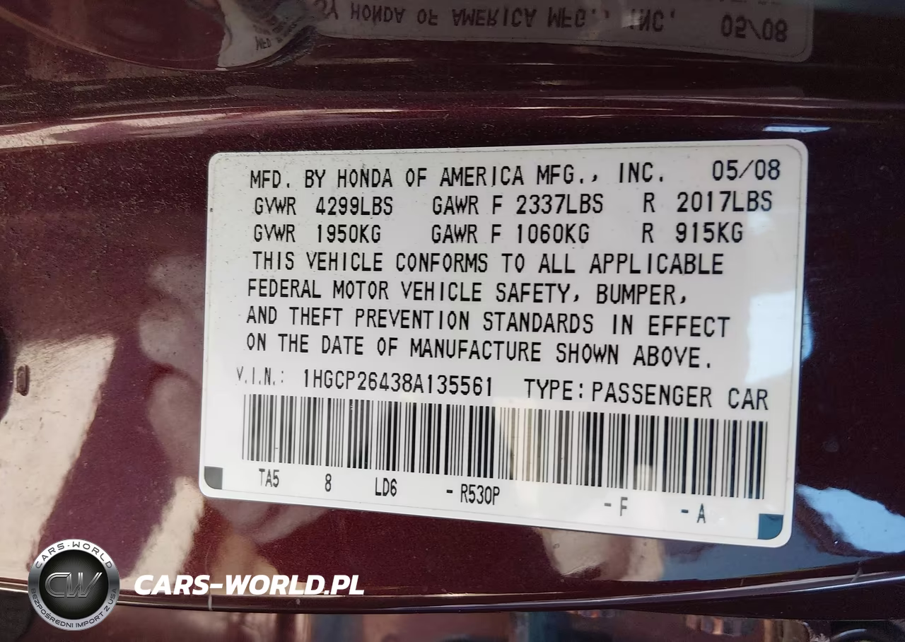2008 Honda Accord 2.4 Lx-P VIN:1HGCP26438A135561 - 9