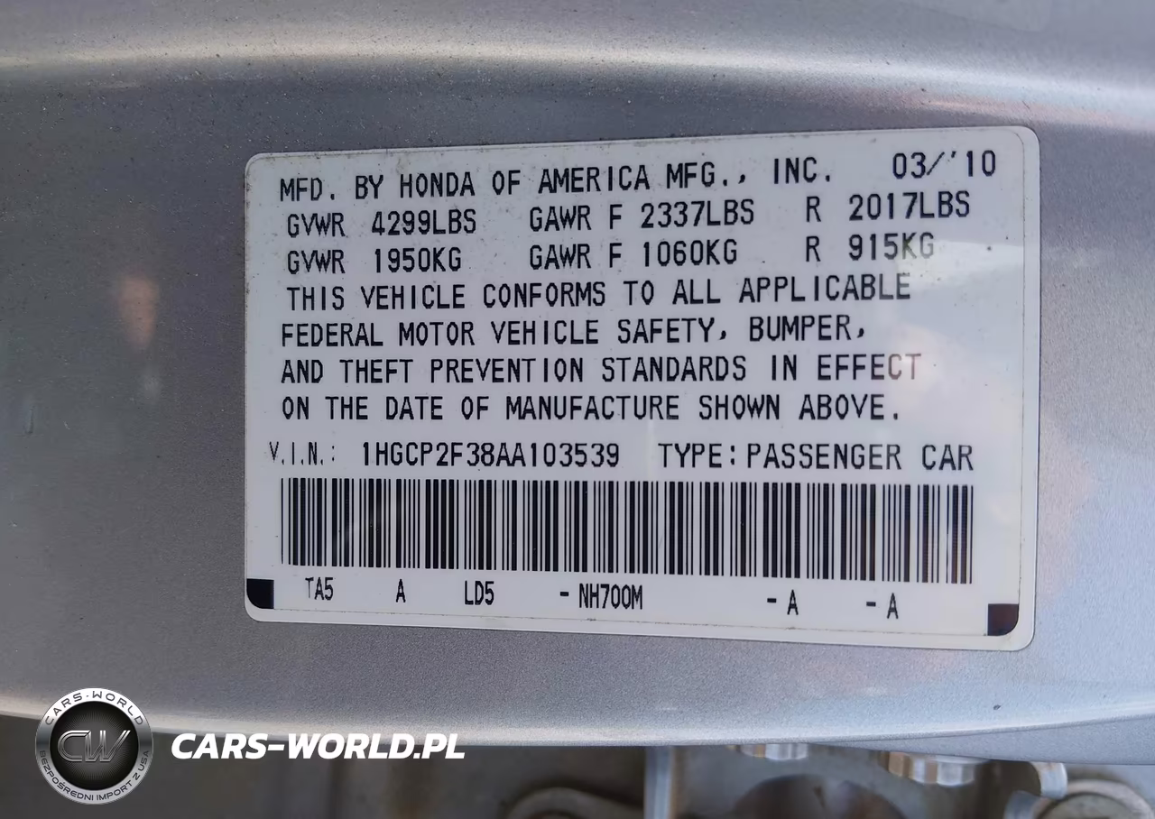 2010 Honda Accord 2.4 Lx VIN:1HGCP2F38AA103539 - 9