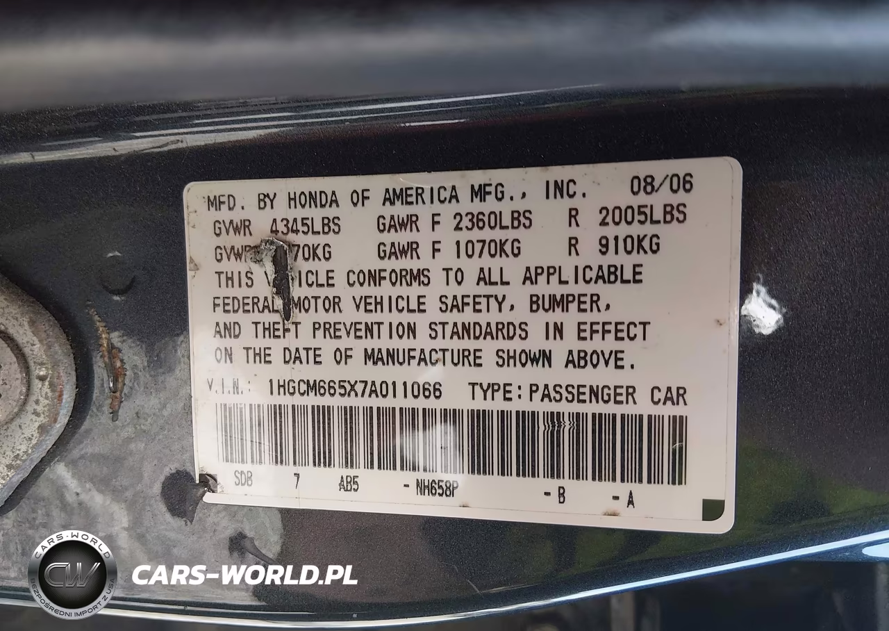 2007 Honda Accord 3.0 Ex VIN:1HGCM665X7A011066 - 9