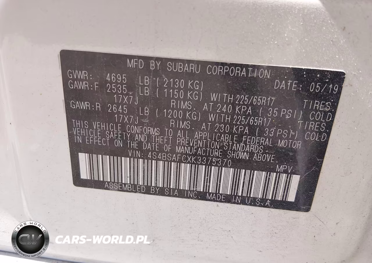 2019 Subaru Outback 2.5I Premium VIN:4S4BSAFCXK3375370 - 9