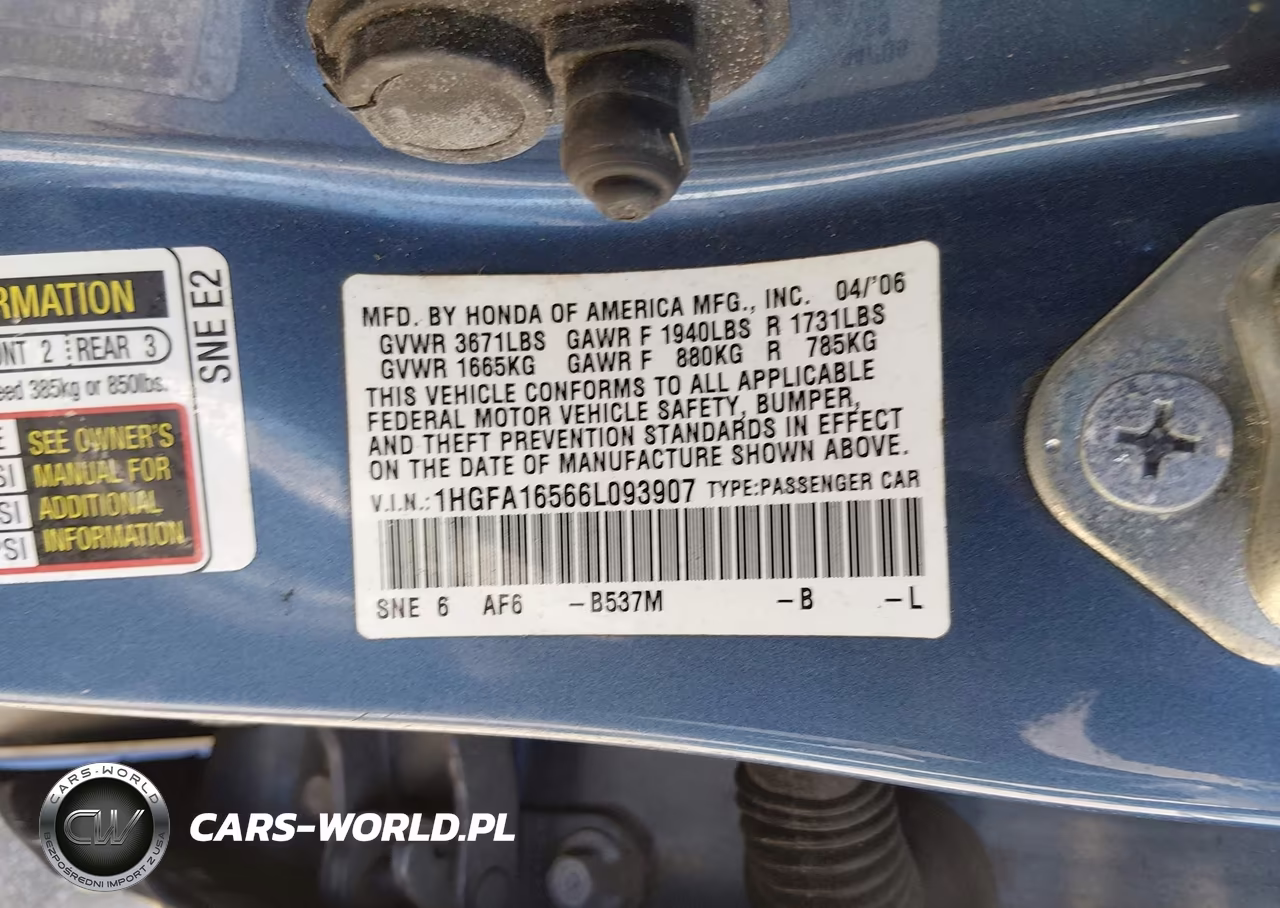 2006 Honda Civic Lx VIN:1HGFA16566L093907 - 9