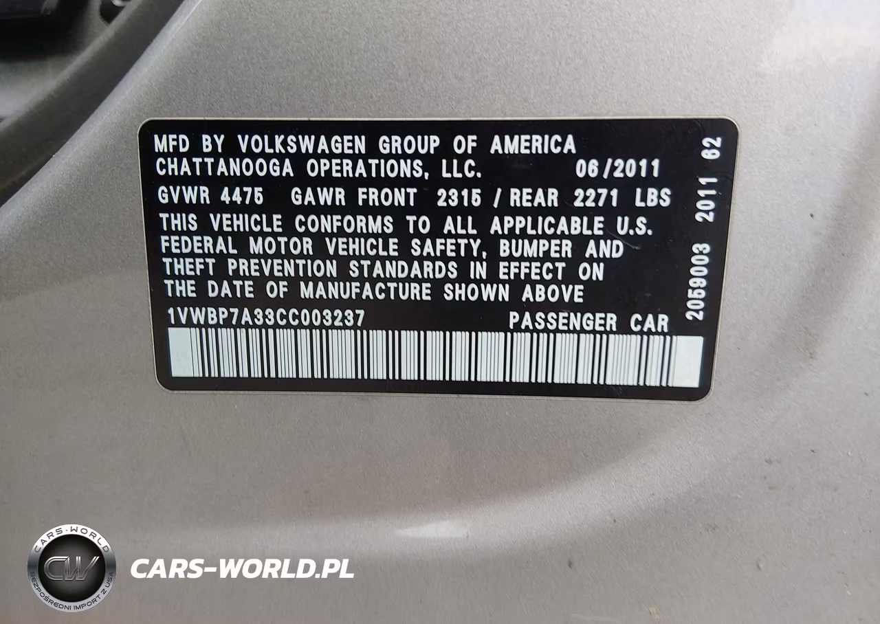 2012 Volkswagen Passat 2.5L Se VIN:1VWBP7A33CC003237 - 9
