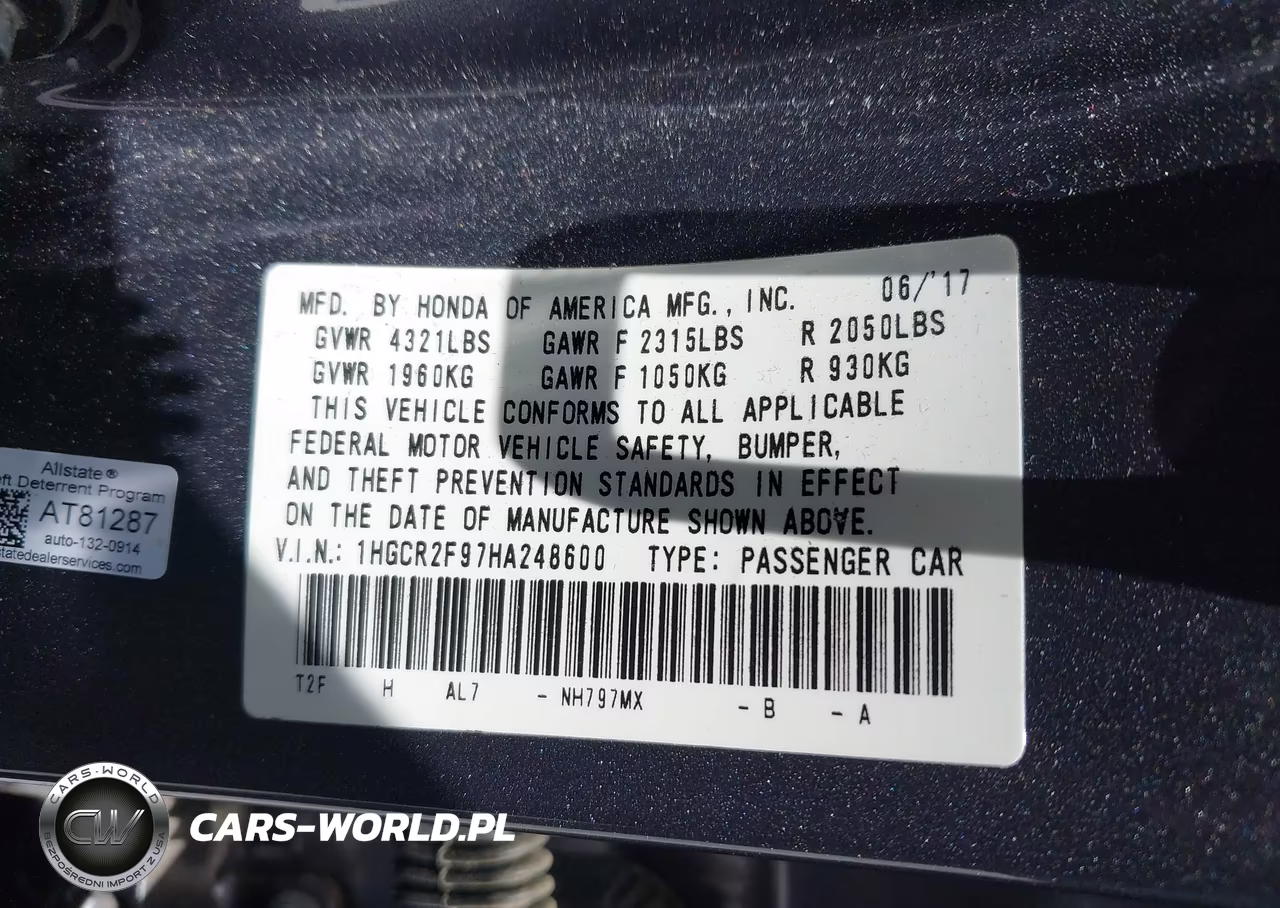 2017 Honda Accord Ex-L VIN:1HGCR2F97HA248600 - 9