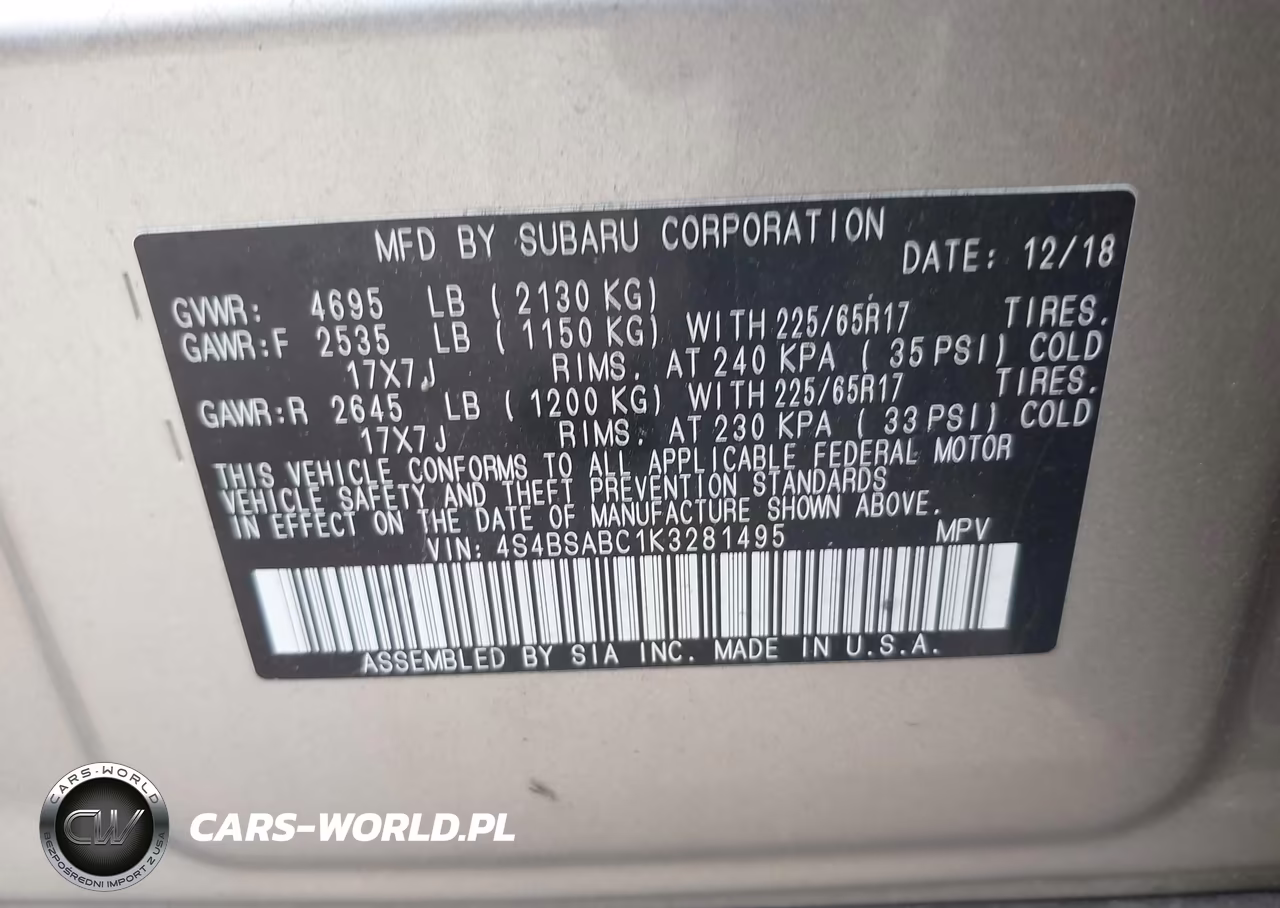 2019 Subaru Outback 2.5I VIN:4S4BSABC1K3281495 - 9