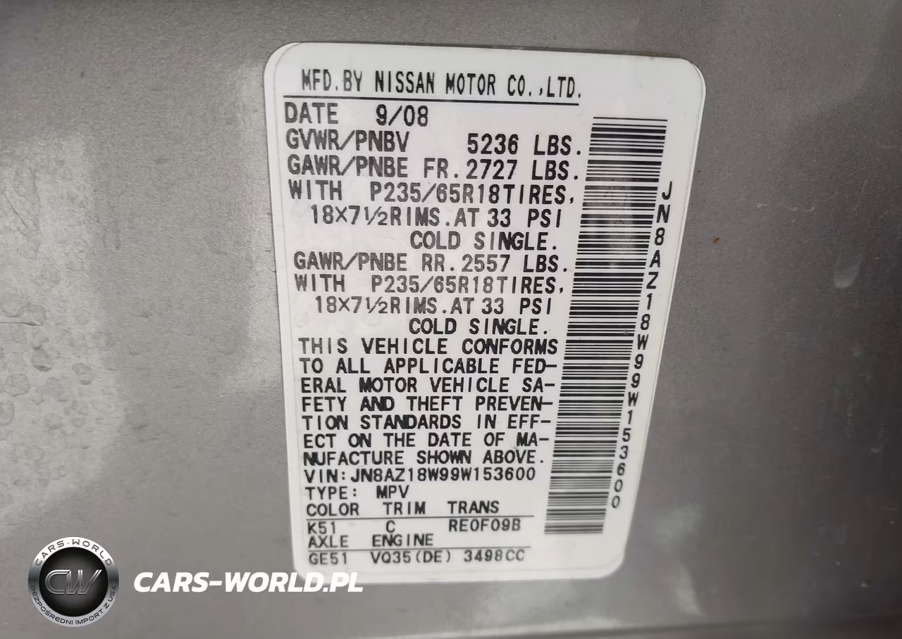 2009 Nissan Murano Sl VIN:JN8AZ18W99W153600 - 9