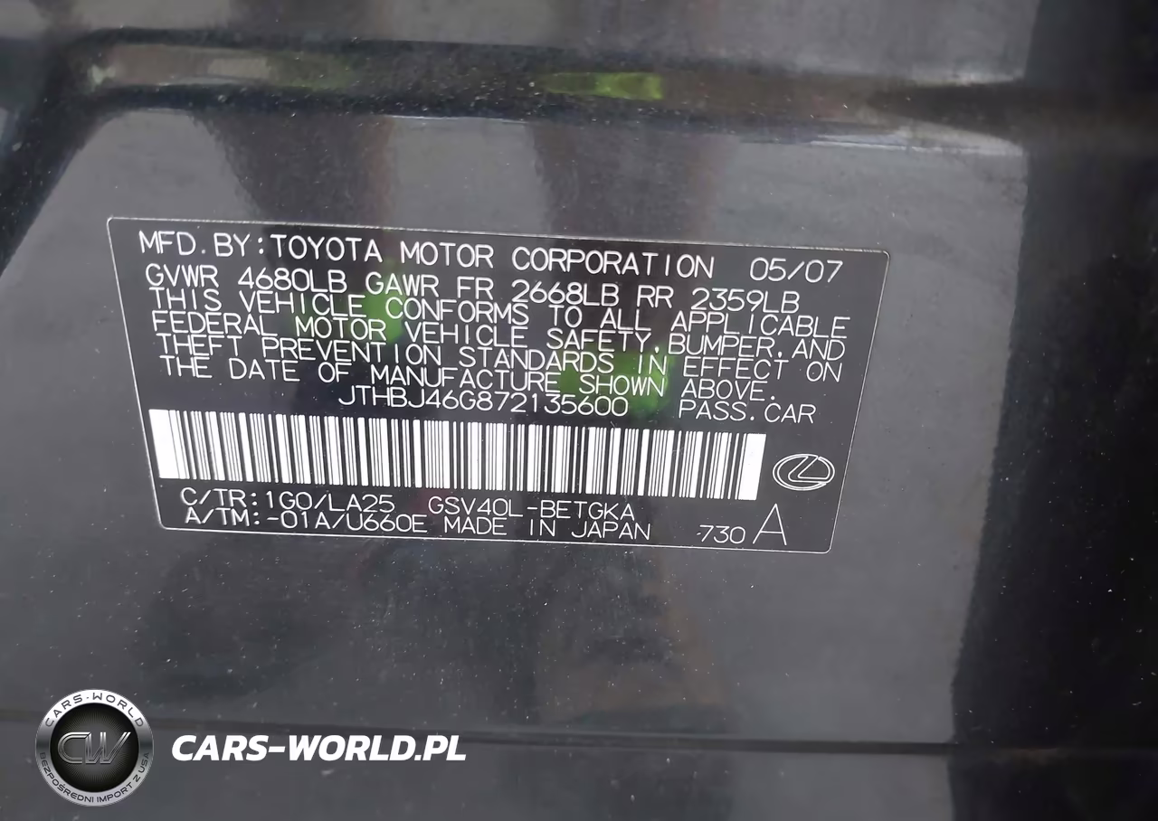 2007 Lexus Es 350 VIN:JTHBJ46G872135600 - 9