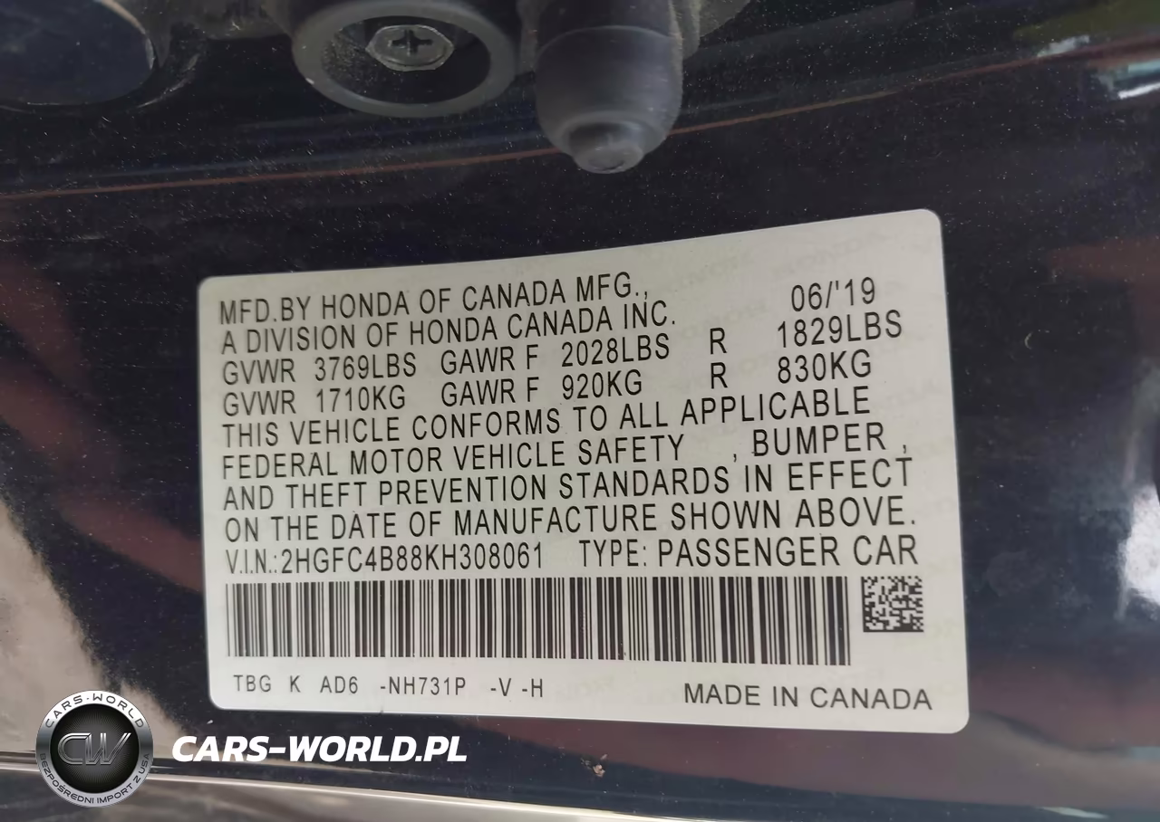 2019 Honda Civic Sport VIN:2HGFC4B88KH308061 - 9