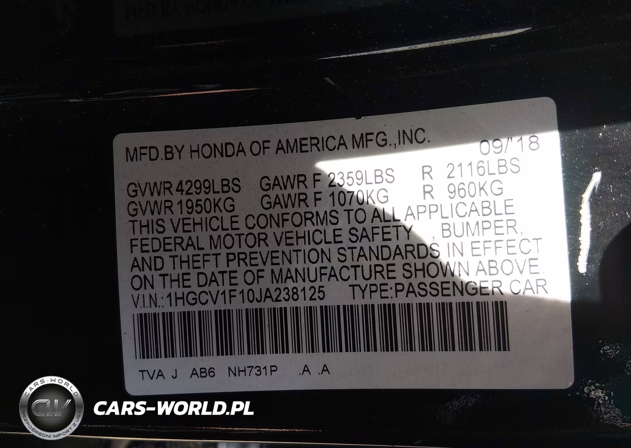 2018 Honda Accord Lx VIN:1HGCV1F10JA238125 - 9