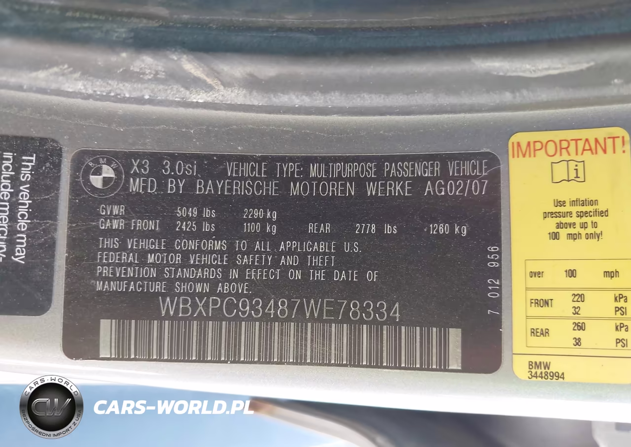 2007 BMW X3 3.0Si VIN:WBXPC93487WE78334 - 9