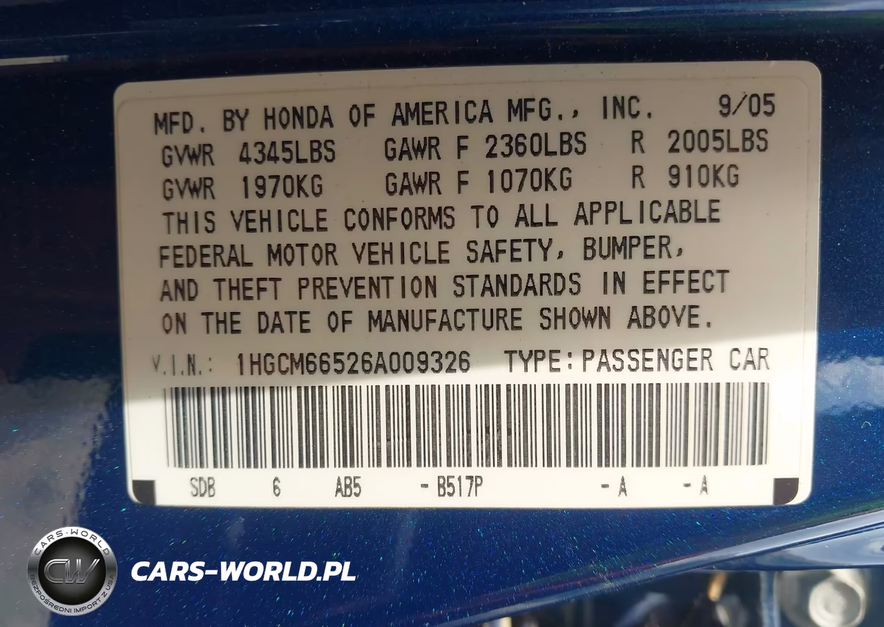 2006 Honda Accord 3.0 Ex VIN:1HGCM66526A009326 - 9