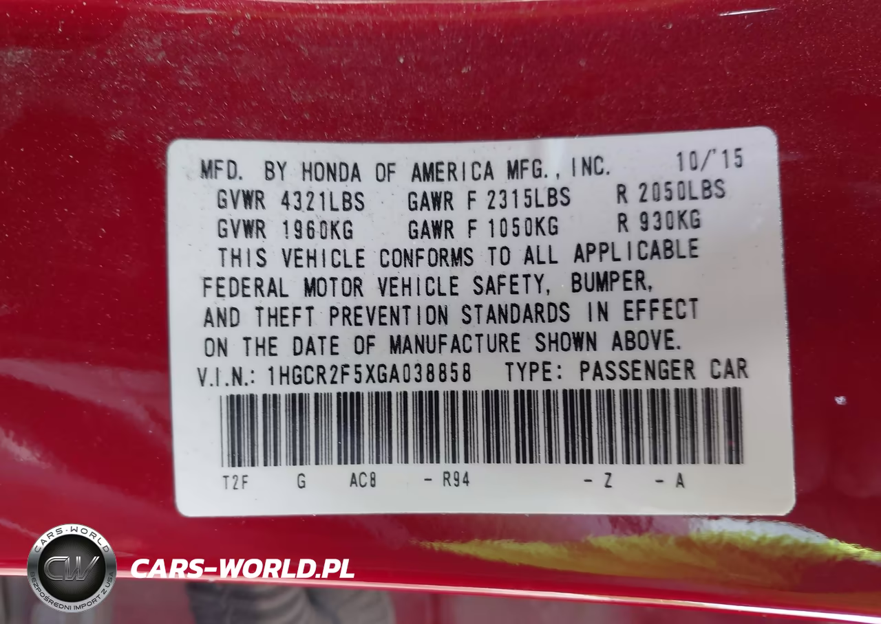 2016 Honda Accord Sport VIN:1HGCR2F5XGA038858 - 9