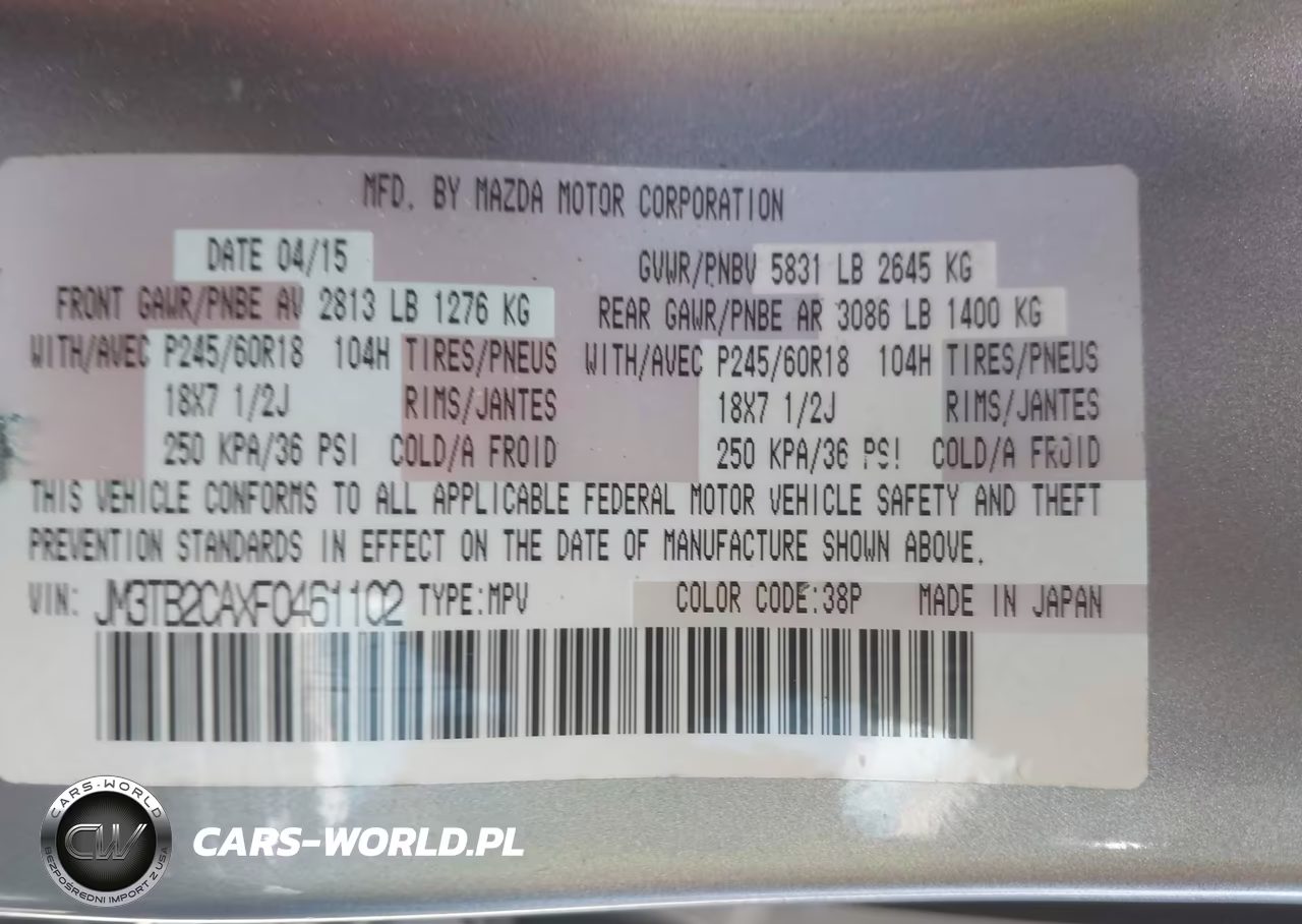 2015 Mazda Cx-9 Touring VIN:JM3TB2CAXF0461102 - 9