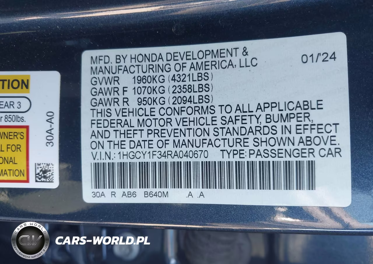 2024 Honda Accord Ex VIN:1HGCY1F34RA040670 - 9