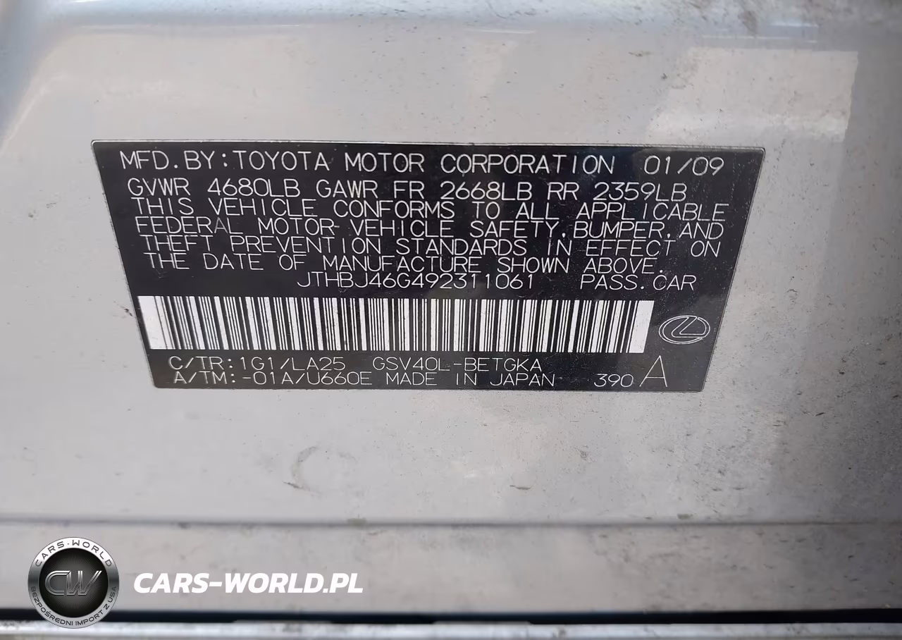 2009 Lexus Es 350 VIN:JTHBJ46G492311061 - 9