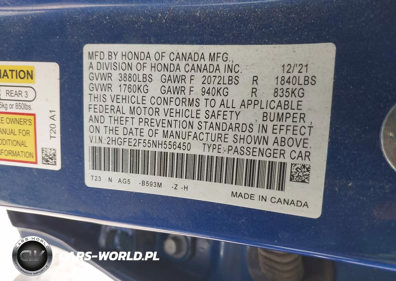 2022 Honda Civic Sport VIN:2HGFE2F55NH556450 - 9