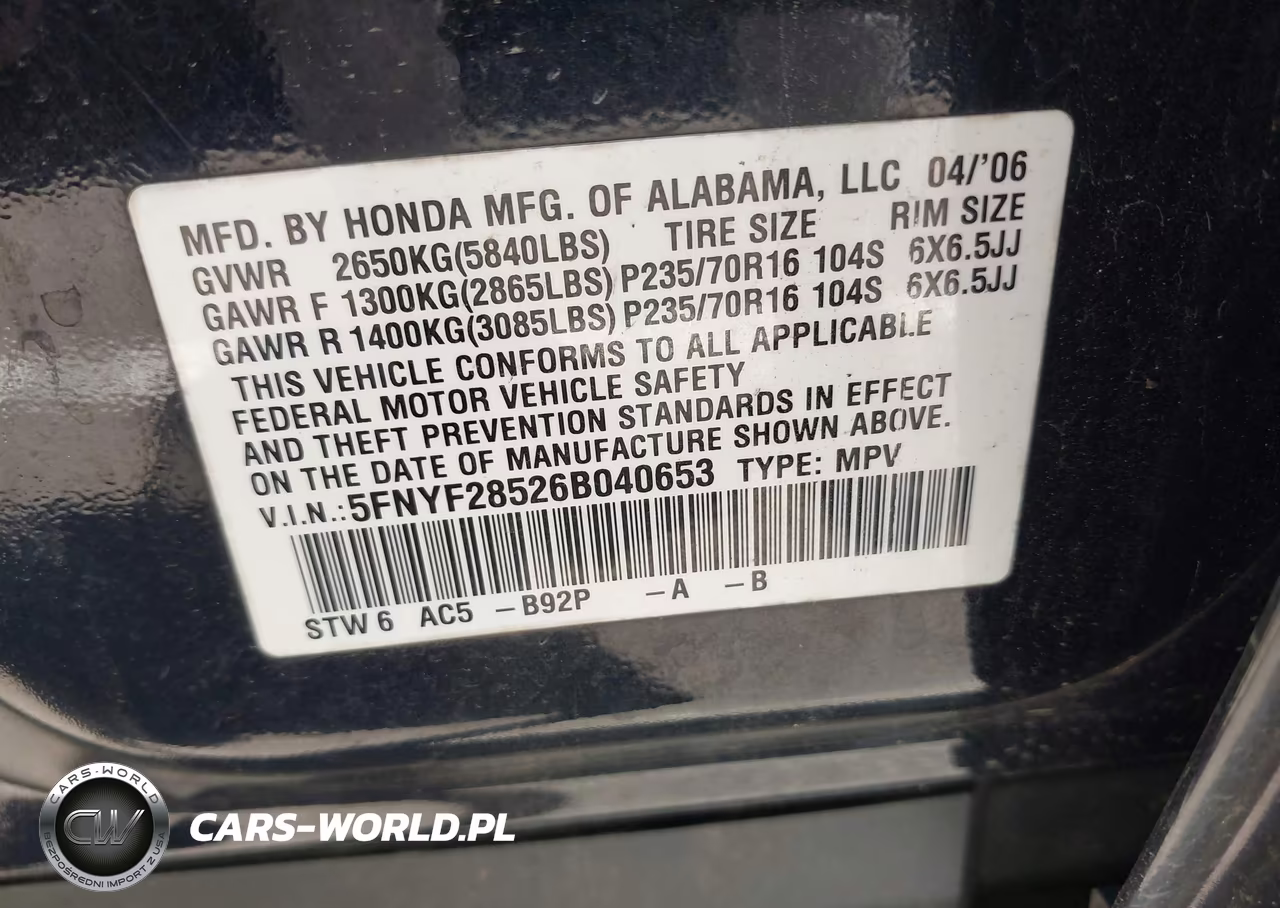2006 Honda Pilot Ex-L VIN:5FNYF28526B040653 - 9