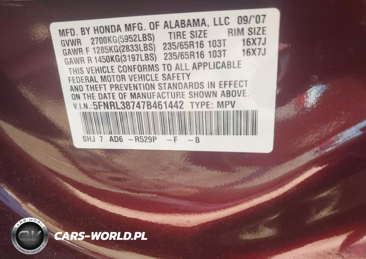 2007 Honda Odyssey Ex-L VIN:5FNRL38747B461442 - 9