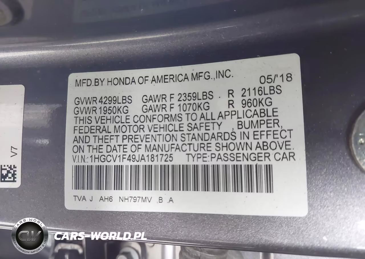 2018 Honda Accord Ex VIN:1HGCV1F49JA181725 - 9