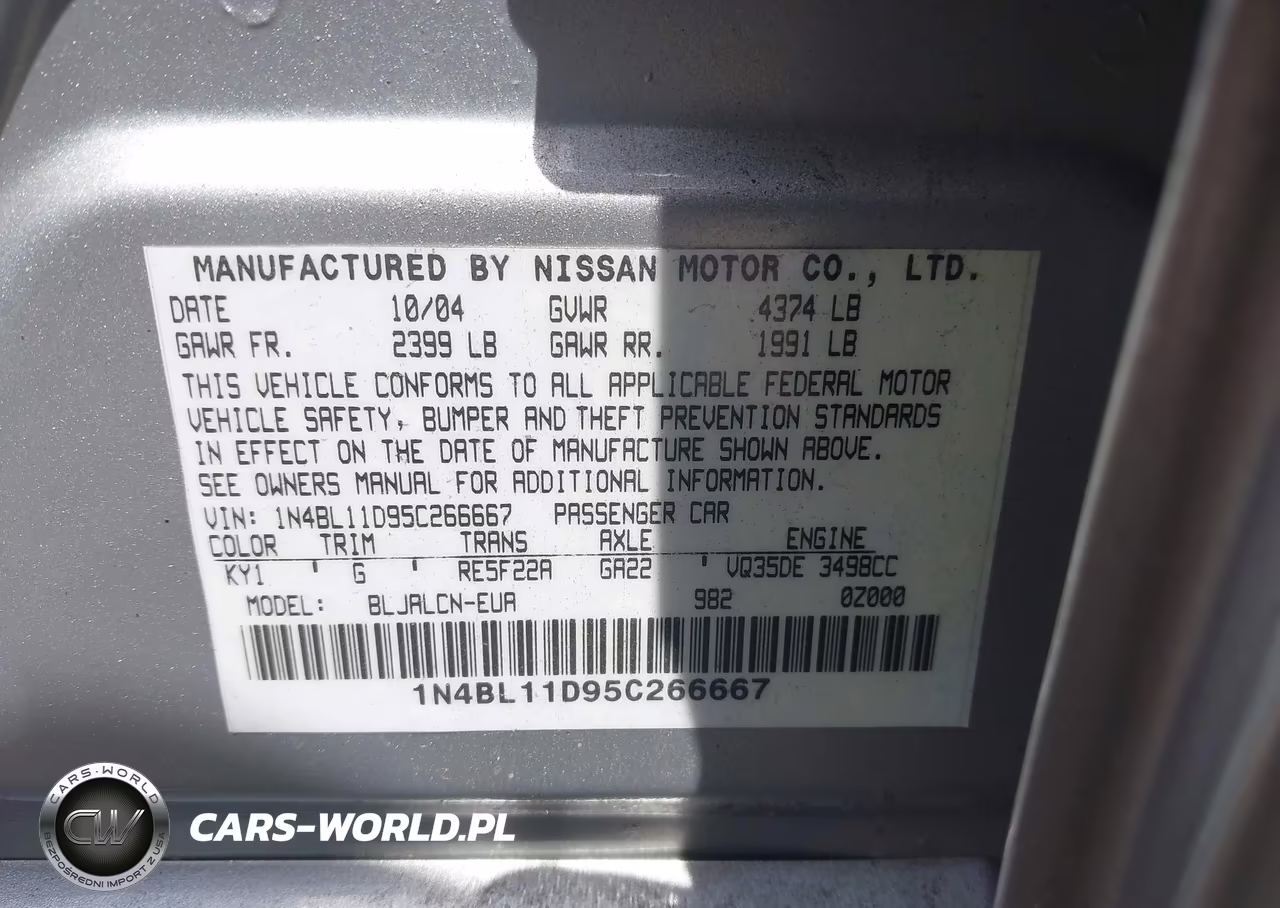 2005 Nissan Altima 3.5 Se VIN:1N4BL11D95C266667 - 9