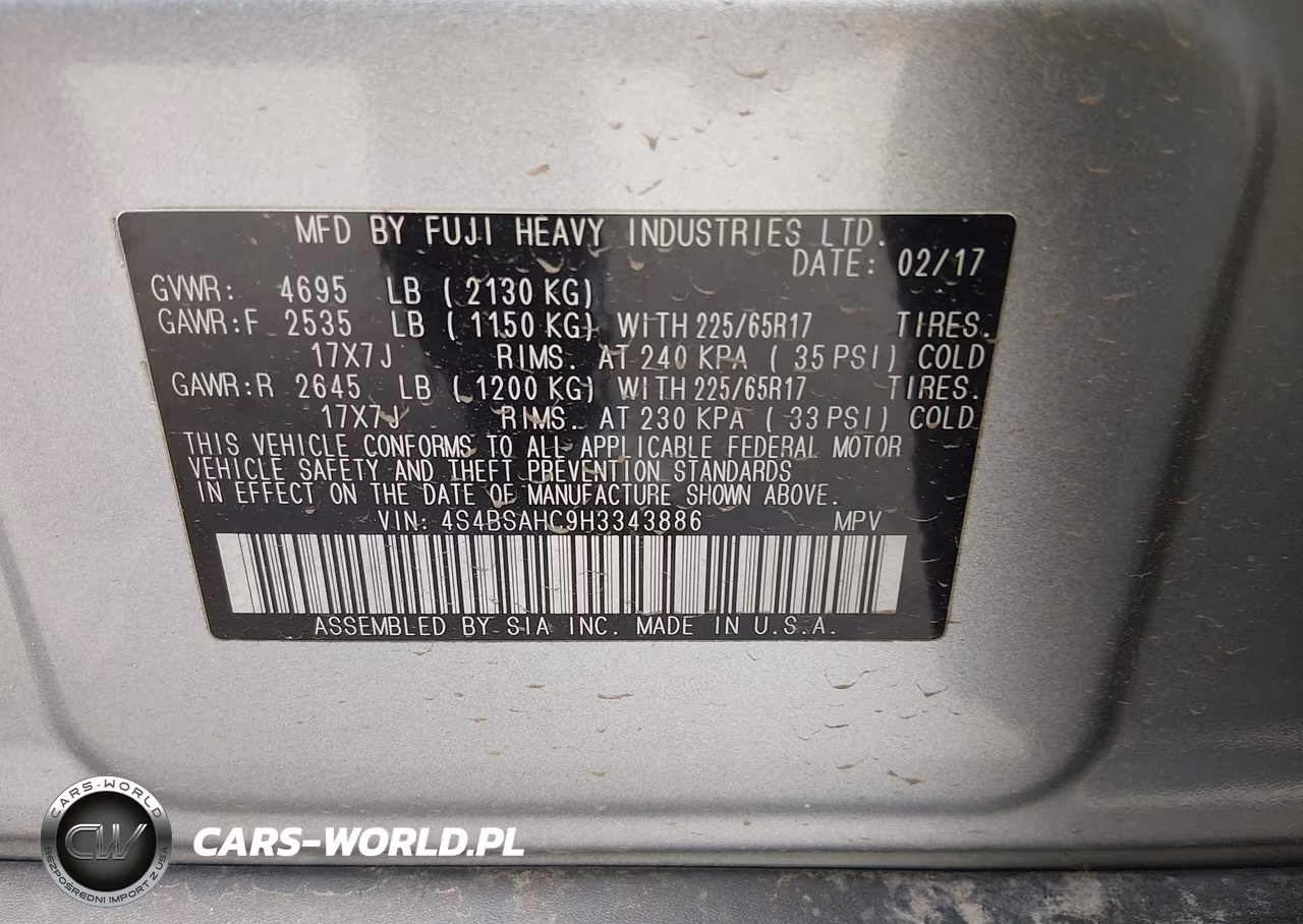 2017 Subaru Outback 2.5I Premium VIN:4S4BSAHC9H3343886 - 9