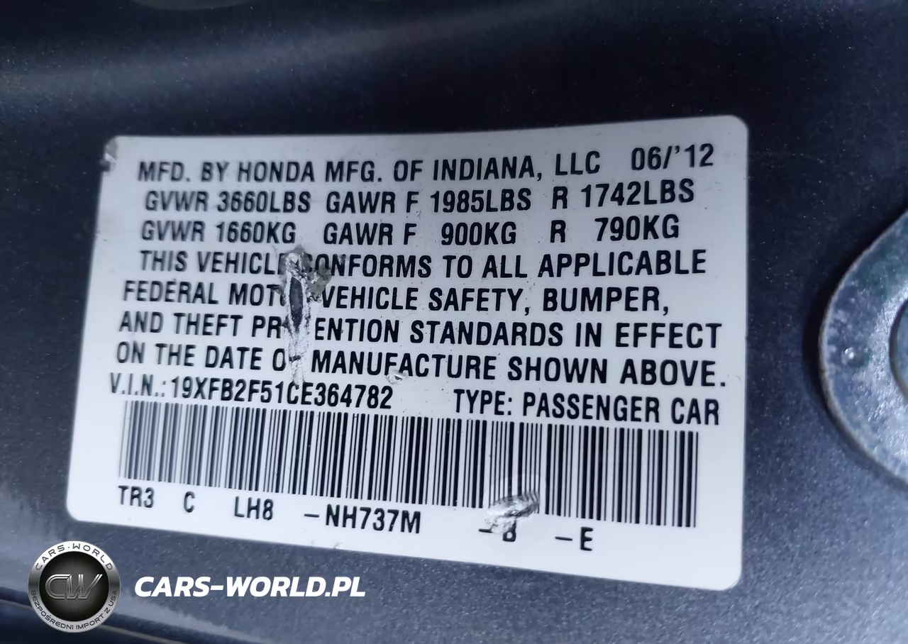 2012 Honda Civic Lx VIN:19XFB2F51CE364782 - 9
