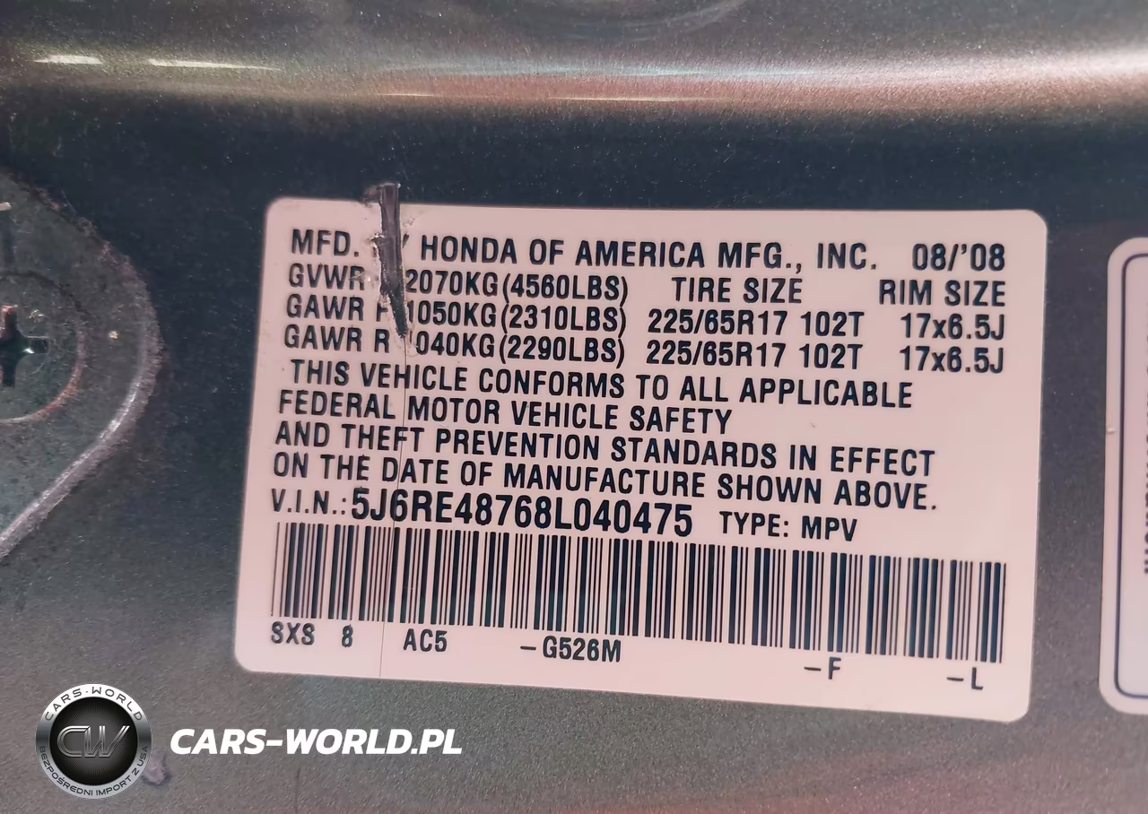 2008 Honda Cr-V Ex-L VIN:5J6RE48768L040475 - 9