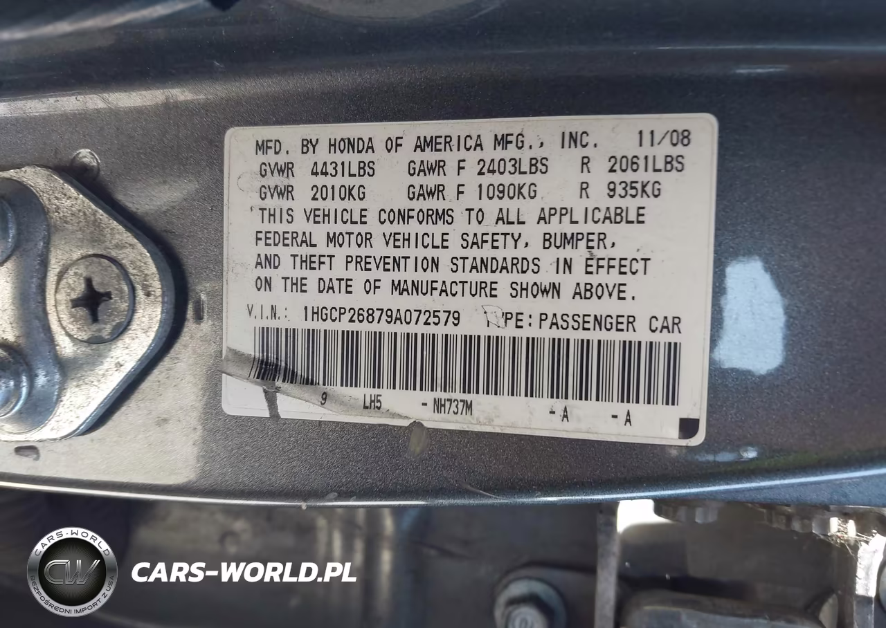 2009 Honda Accord 2.4 Ex-L VIN:1HGCP26879A072579 - 9