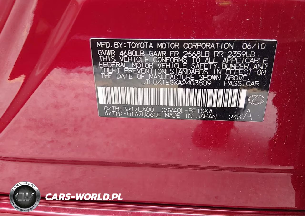 2010 Lexus Es 350 VIN:JTHBK1EGXA2403809 - 9