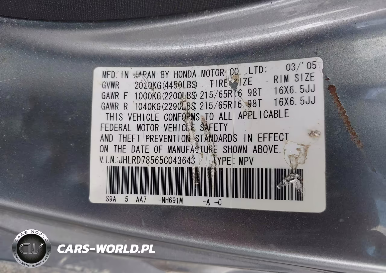2005 Honda Cr-V Lx VIN:JHLRD78565C043643 - 9