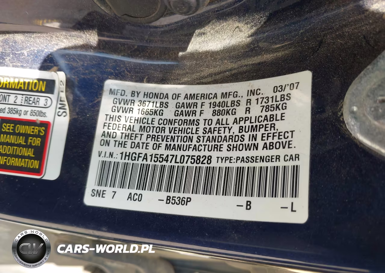 2007 Honda Civic Lx VIN:1HGFA15547L075828 - 9