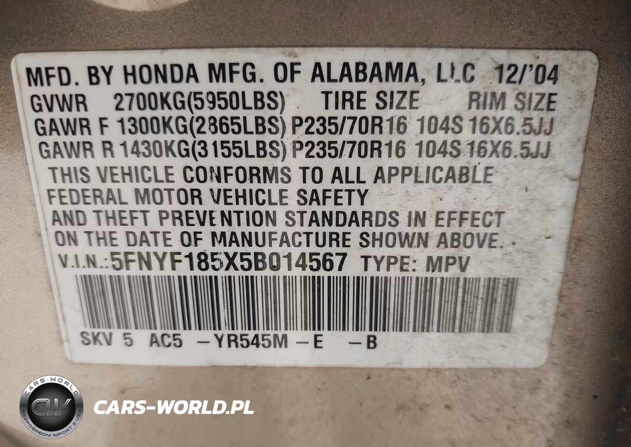 2005 Honda Pilot Ex-L VIN:5FNYF185X5B014567 - 9