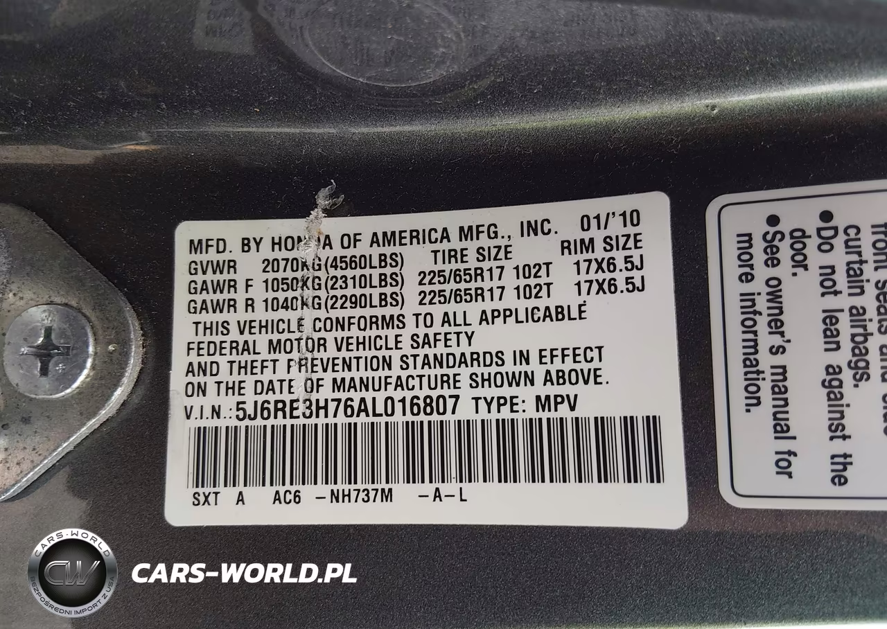 2010 Honda Cr-V Ex-L VIN:5J6RE3H76AL016807 - 9
