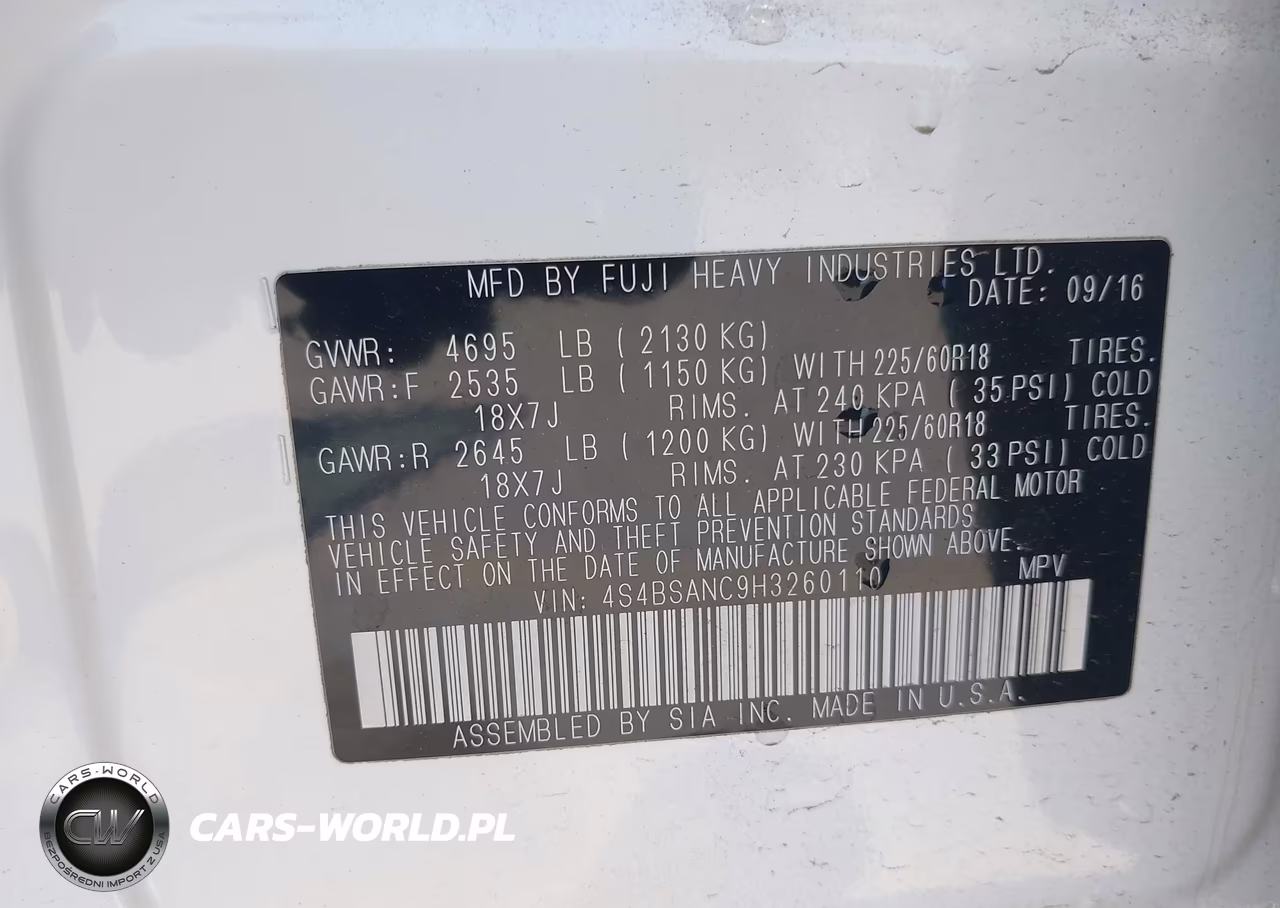 2017 Subaru Outback 2.5I Limited VIN:4S4BSANC9H3260110 - 9