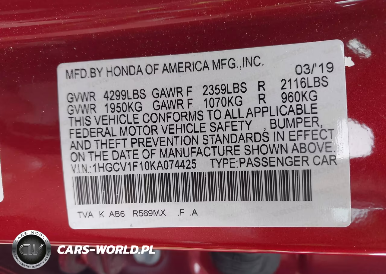 2019 Honda Accord Lx VIN:1HGCV1F10KA074425 - 9