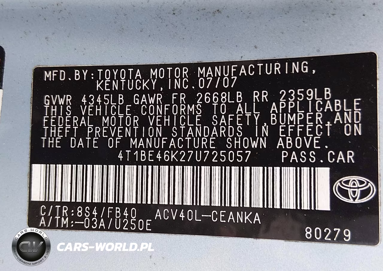 2007 Toyota Camry Le VIN:4T1BE46K27U725057 - 9
