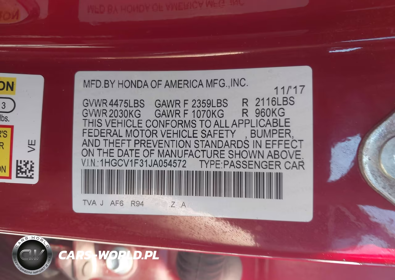 2018 Honda Accord Sport VIN:1HGCV1F31JA054572 - 9