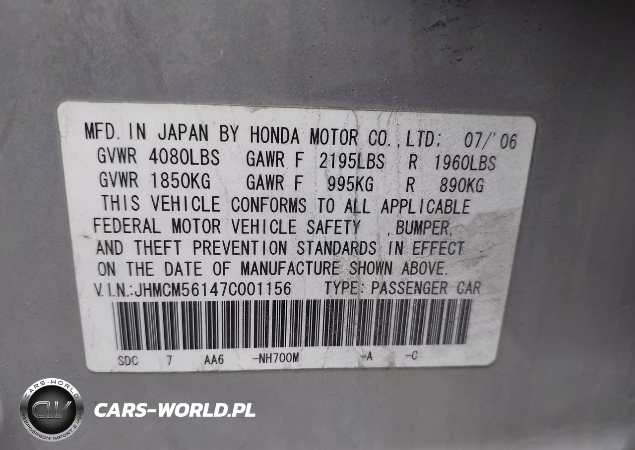 2007 Honda Accord 2.4 Vp VIN:JHMCM56147C001156 - 9
