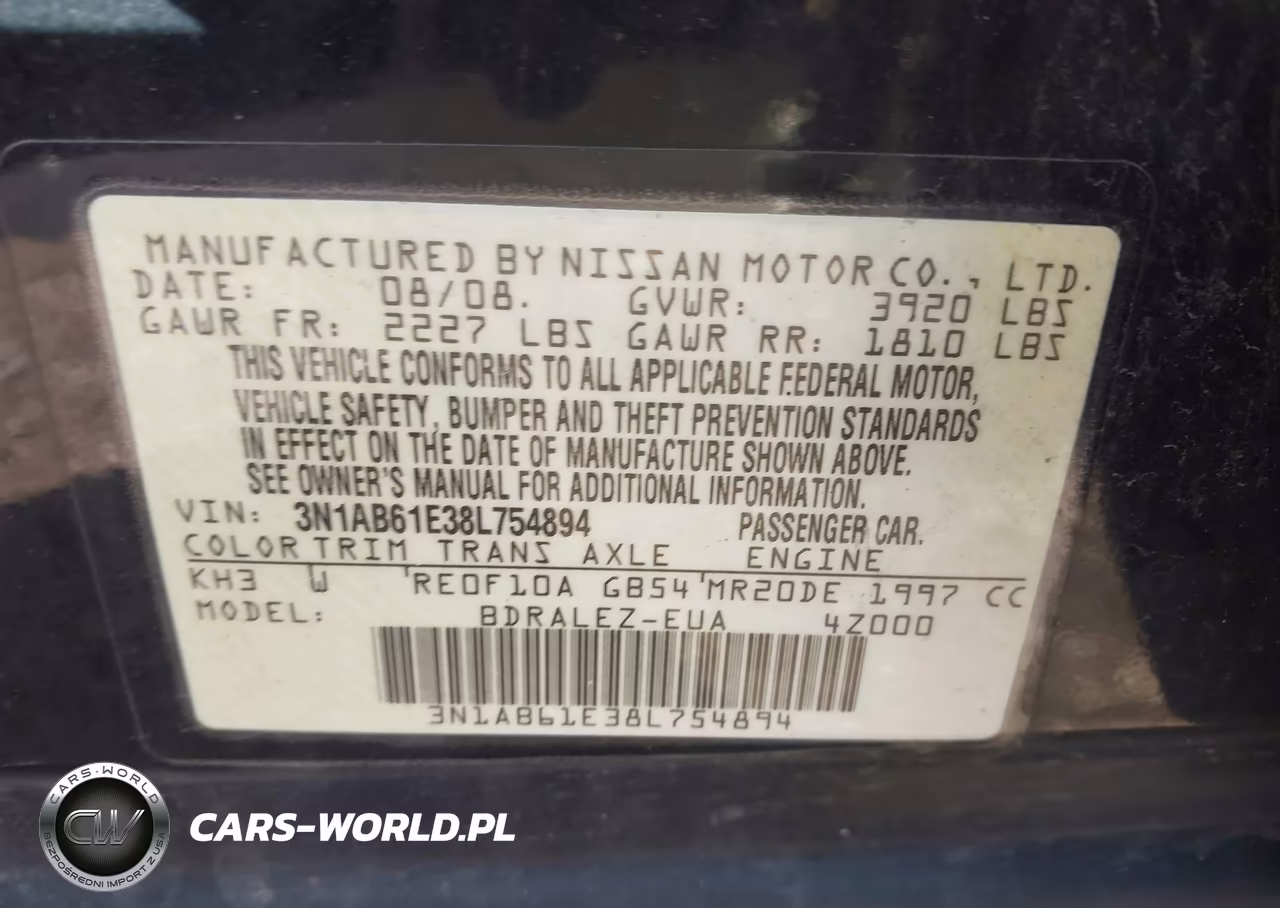 2008 Nissan Sentra 2.0S VIN:3N1AB61E38L754894 - 9