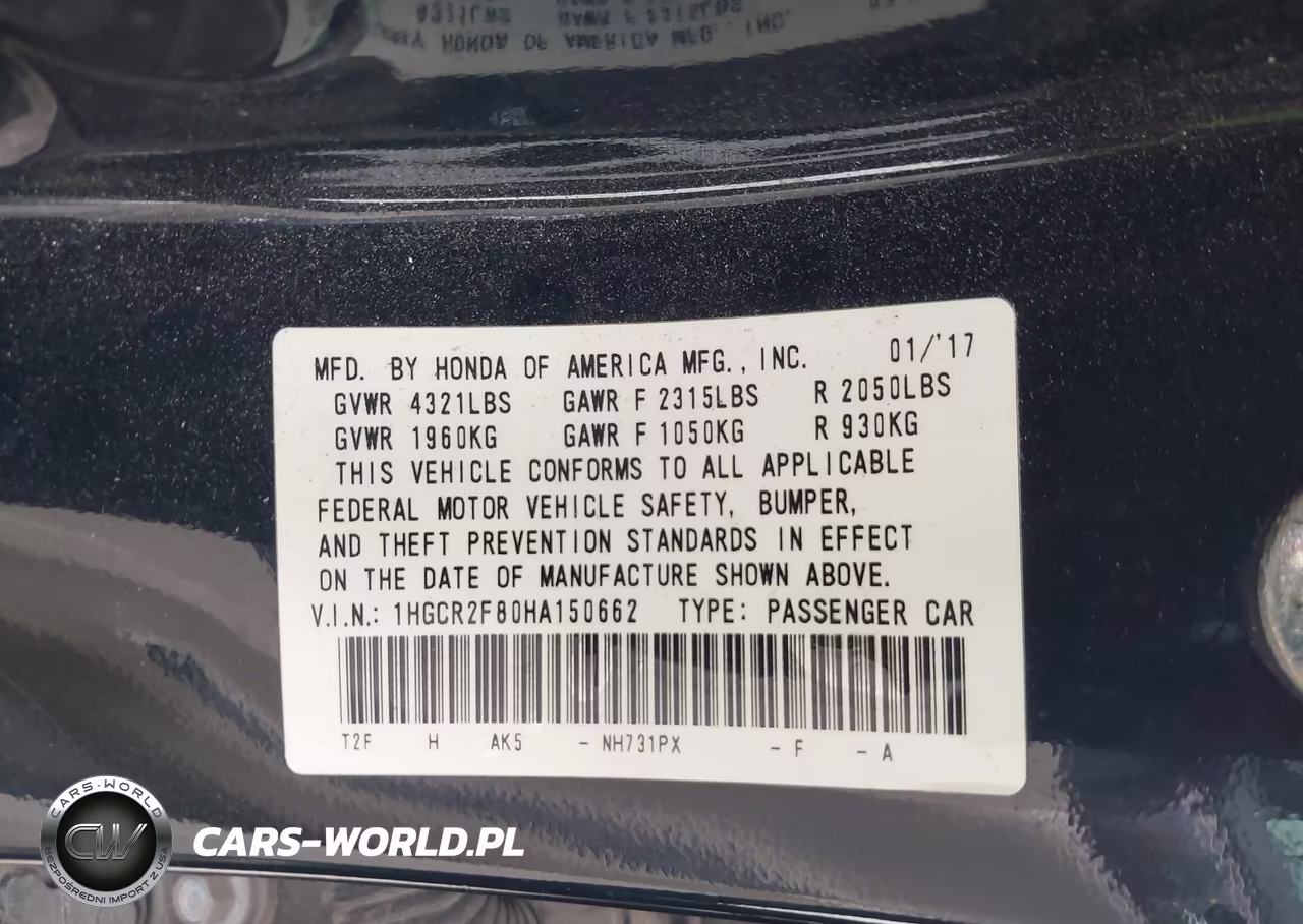2017 Honda Accord Ex-L VIN:1HGCR2F80HA150662 - 9