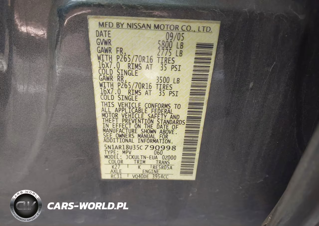 2005 Nissan Pathfinder Se VIN:5N1AR18U35C790998 - 9
