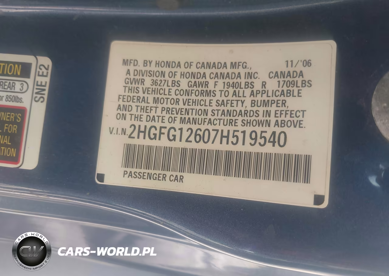 2007 Honda Civic Lx VIN:2HGFG12607H519540 - 9