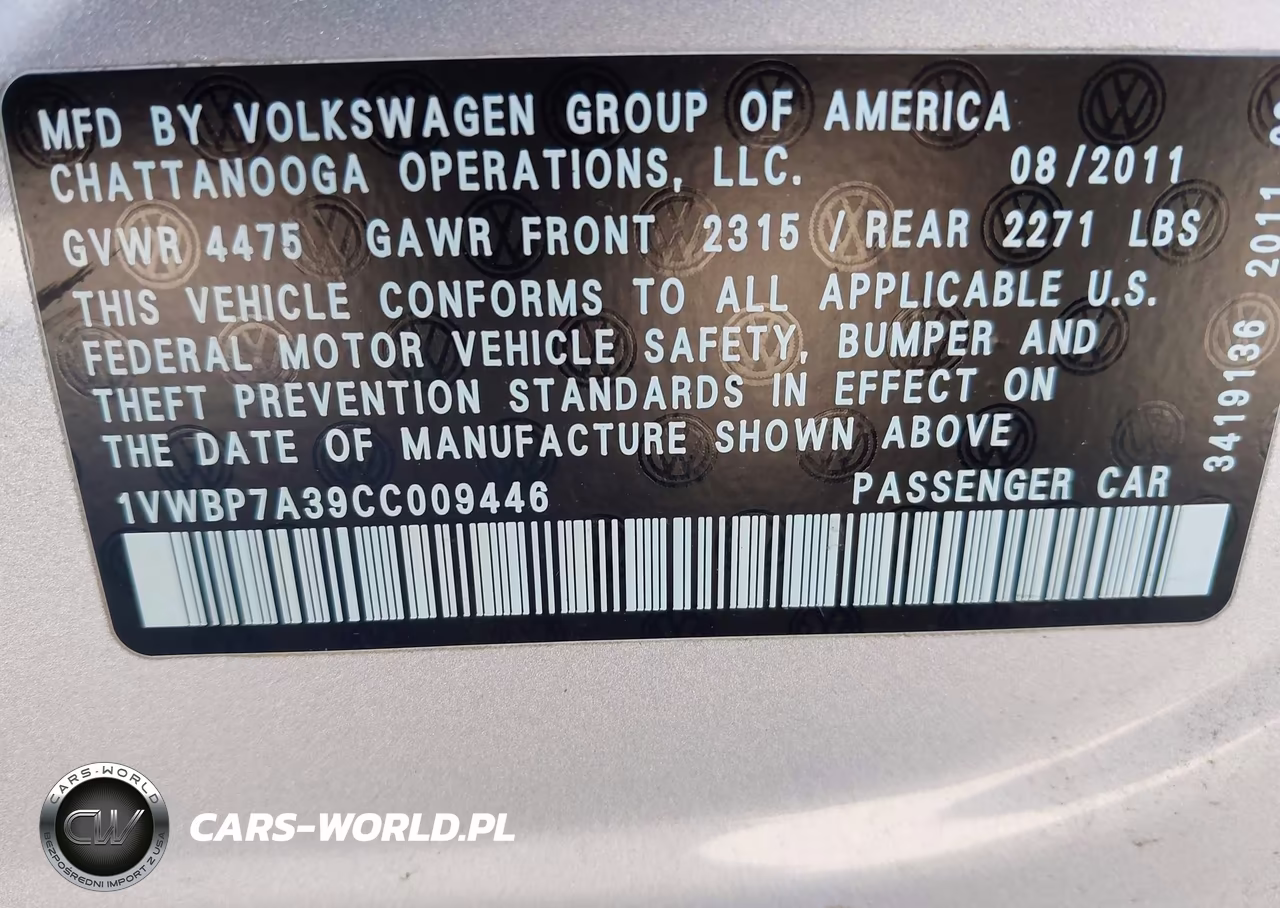 2012 Volkswagen Passat 2.5L Se VIN:1VWBP7A39CC009446 - 9