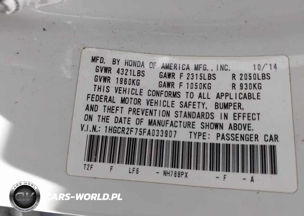 2015 Honda Accord Ex VIN:1HGCR2F75FA033907 - 9