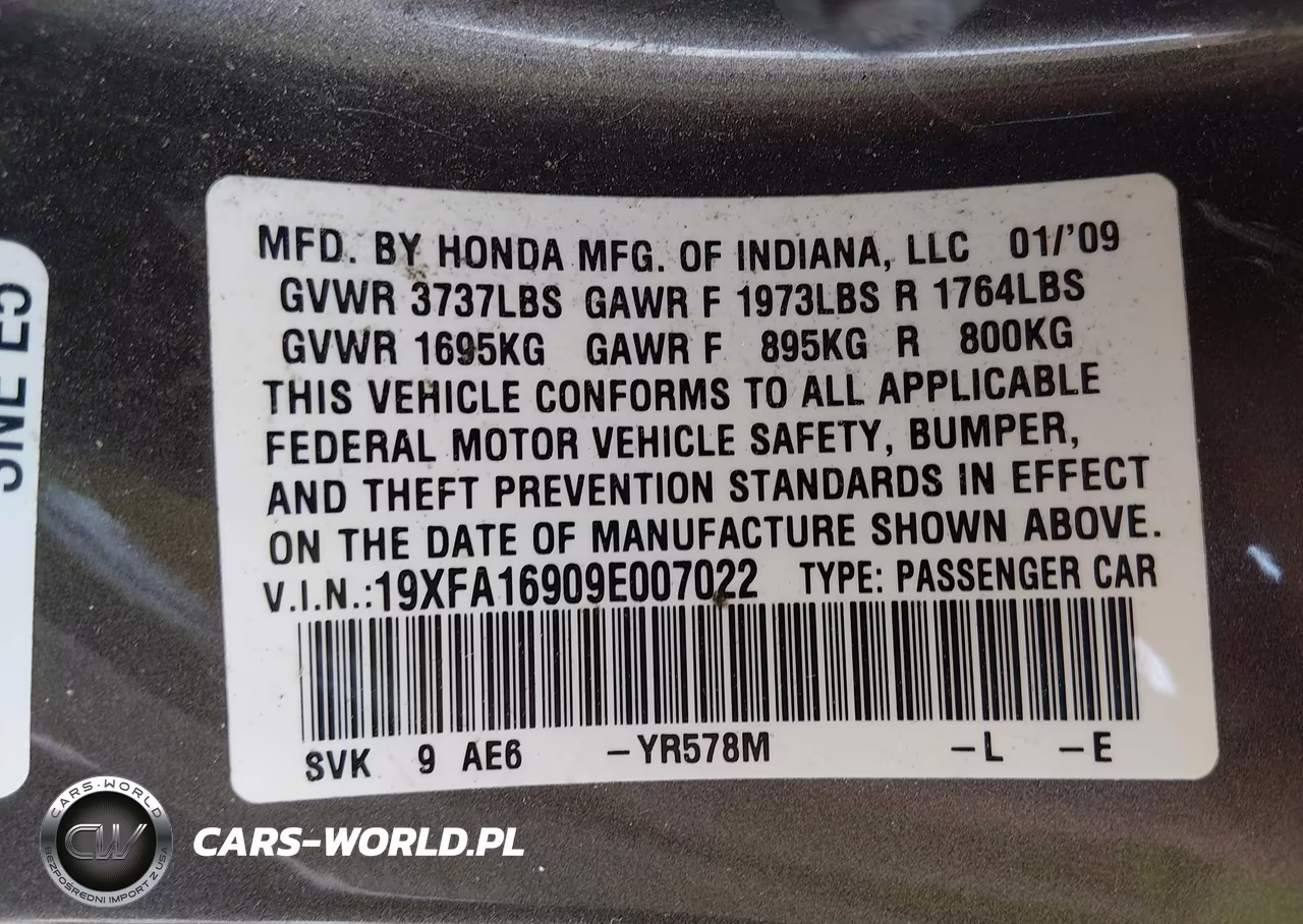 2009 Honda Civic Ex-L VIN:19XFA16909E007022 - 9