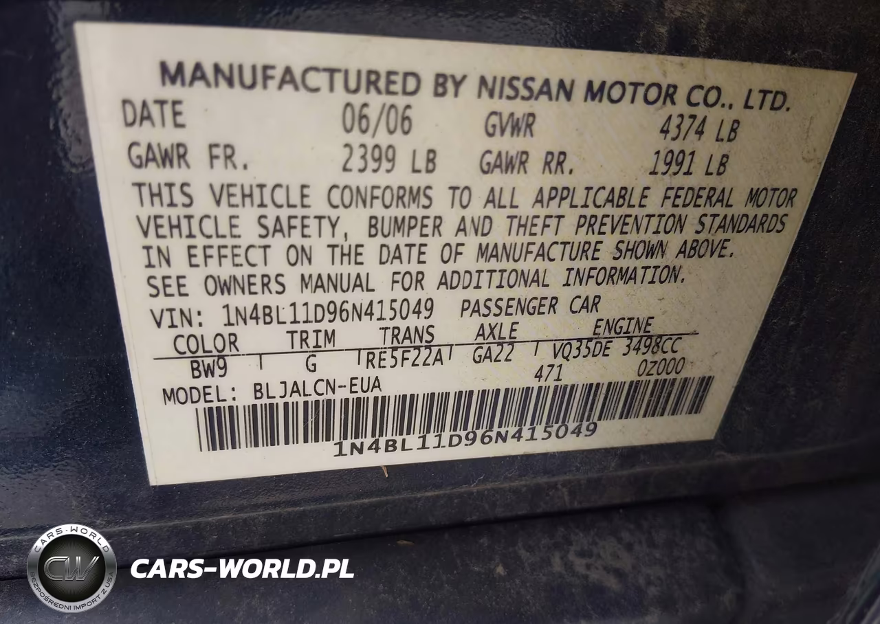 2006 Nissan Altima 3.5 Se VIN:1N4BL11D96N415049 - 9