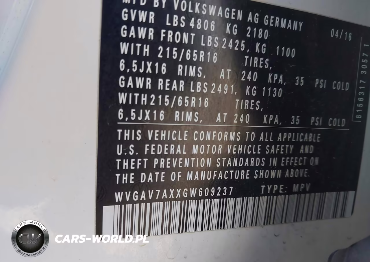 2016 Volkswagen Tiguan S VIN:WVGAV7AXXGW609237 - 9